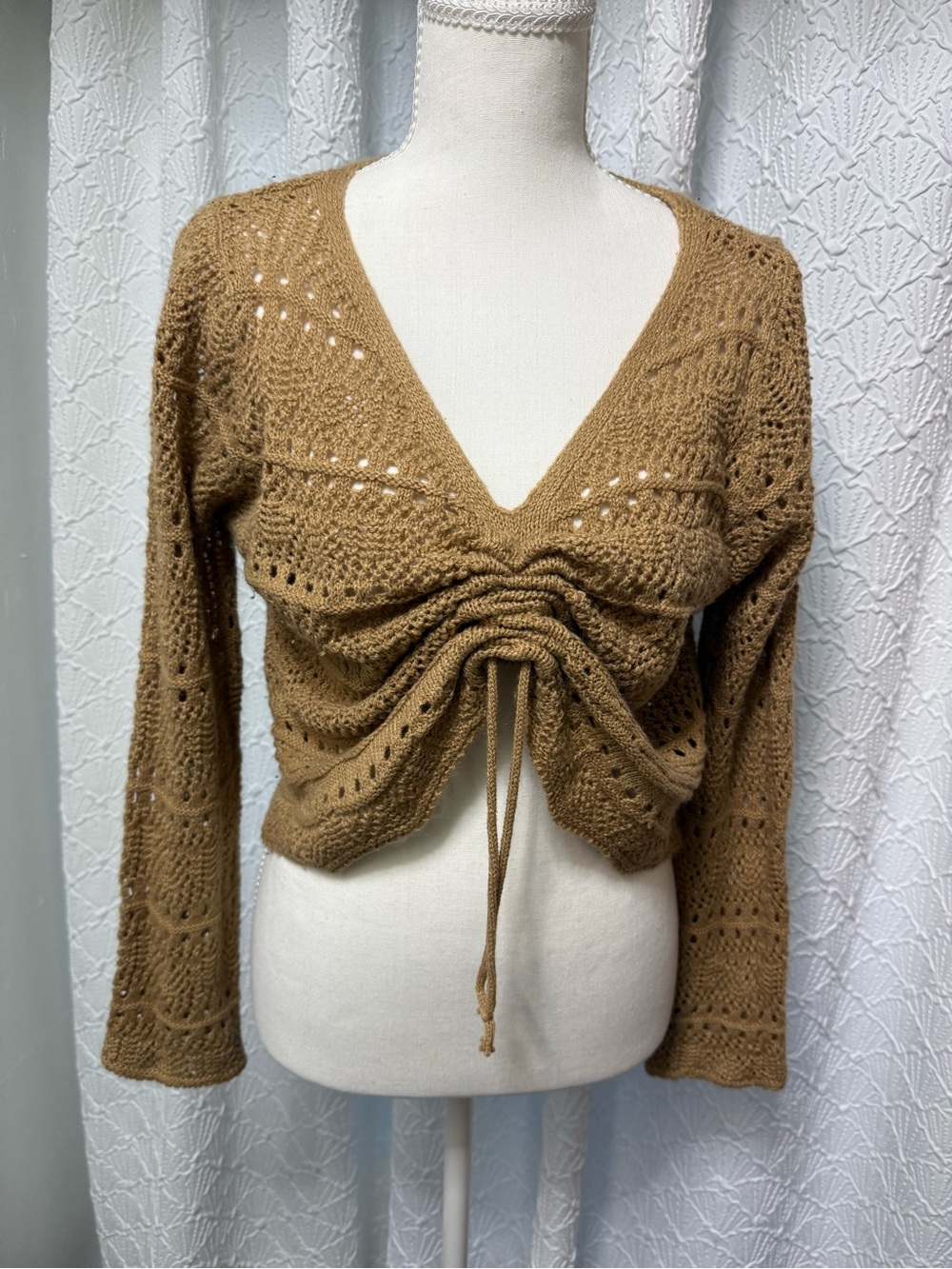 Crochet Drawstring V‑Neck Knit Top — Camel Brown